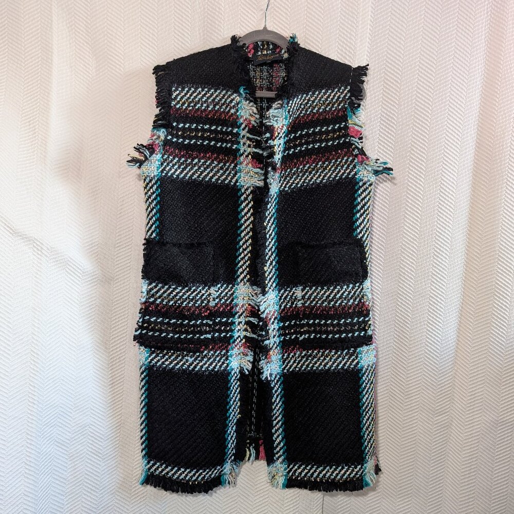 Luisa Spagnoli Italy Woven Knit Vest Black Multicolor Plaid Fringe Large IT 46